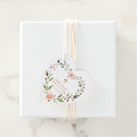 エレガント水彩桃色の花金ゴールドクロスバプテスマ フェイバータグ (インサイチュ)