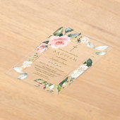 エレガント水彩桃色クリームフラワーバプテスマ アクリル招待状 (レイダウン)