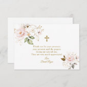エレガント水彩桃色フローラ金ゴールド洗礼 サンキューカード (正面/裏面)