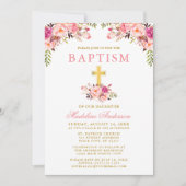 エレガント水彩桃色フローラ金ゴールド洗礼 招待状 (正面)