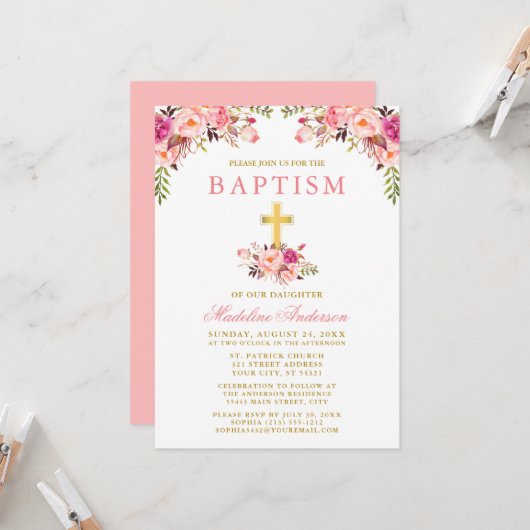 エレガント水彩桃色フローラ金ゴールド洗礼 招待状 (正面/裏面インサイチュ)