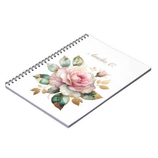エレガント水彩桃色ローズホワイトノート ノートブック (左側)