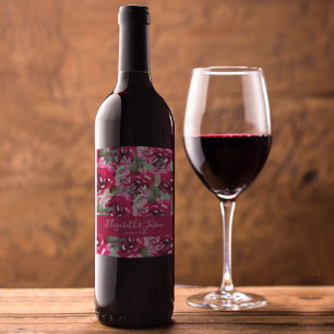 エレガント水彩桃色結婚花 ワインラベル