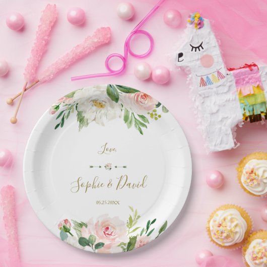 エレガント水彩桃色赤面結婚花 ペーパープレート (パーティー)