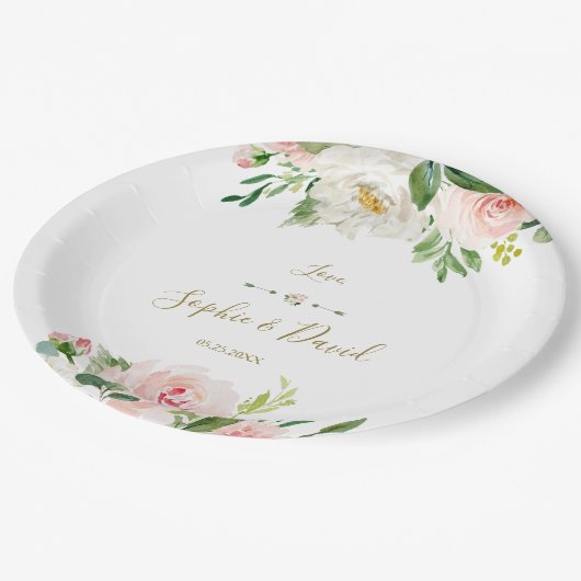 エレガント水彩桃色赤面結婚花 ペーパープレート (アングル)