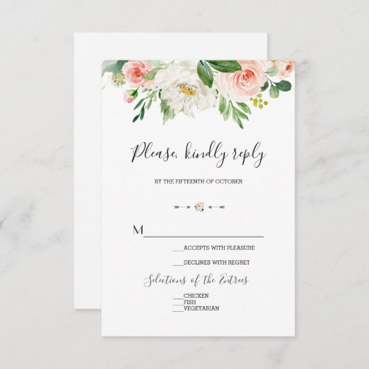 エレガント水彩桃色赤面結婚花 出欠カード (正面/裏面)