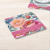 エレガント水彩牡丹結婚花 スクエアペーパーコースター (アングル)