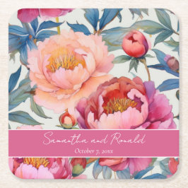 エレガント水彩牡丹結婚花 スクエアペーパーコースター