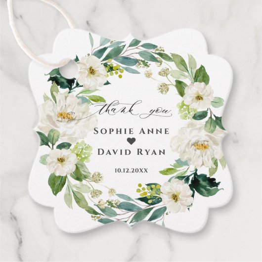 エレガント水彩白い花リース結婚ズ フェイバータグ (正面)