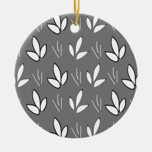 エレガント水彩白い花灰色 セラミックオーナメント (正面)