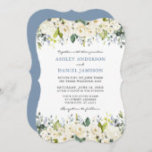 エレガント水彩白フローラダスティブルー結婚ズ 招待状 (正面/裏面)