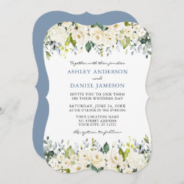 エレガント水彩白フローラダスティブルー結婚ズ 招待状