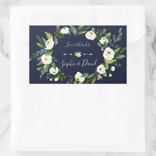 エレガント水彩白フローラダークブルー結婚ズ 長方形シール (バッグ)