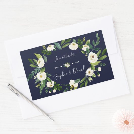 エレガント水彩白フローラダークブルー結婚ズ 長方形シール (封筒)