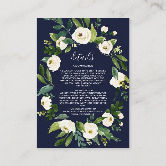 エレガント水彩白フローラダークブルー詳細 エンクロージャーカード (正面)