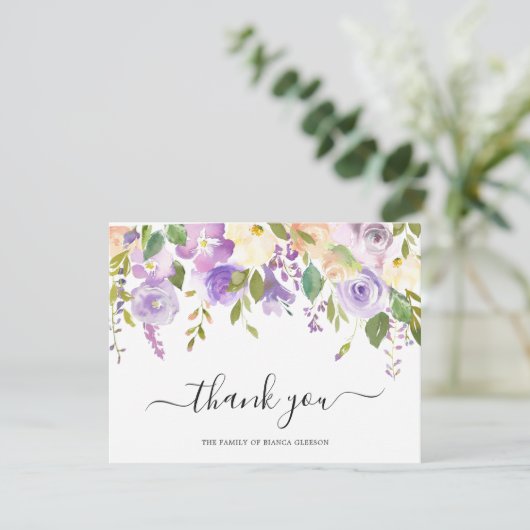 エレガント水彩紫フローラ悔やみや弔慰葬儀 サンキューカード (スタンド正面)