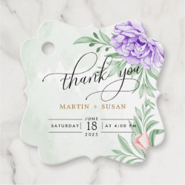 エレガント水彩紫開花ブーケ結婚ス フェイバータグ