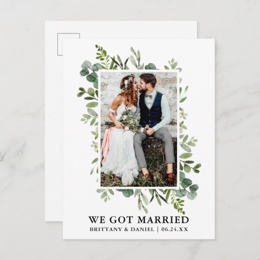 エレガント水彩緑の写真得We 結婚した ポストカード (正面/裏面)