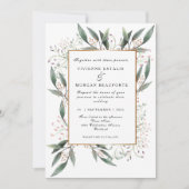 エレガント水彩緑葉金ゴールド結婚 招待状 (正面)