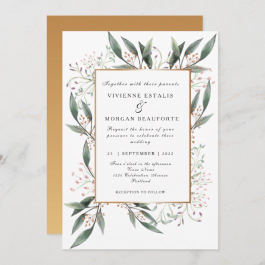エレガント水彩緑葉金ゴールド結婚 招待状 (正面/裏面)