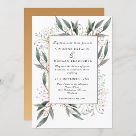 エレガント水彩緑葉金ゴールド結婚 招待状