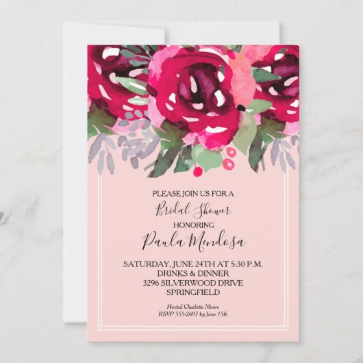 エレガント水彩花ピンクブライダルシャワー 招待状 (正面)
