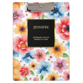 エレガント水彩花ブラック金ゴールドプロフェッショナル クリップボード