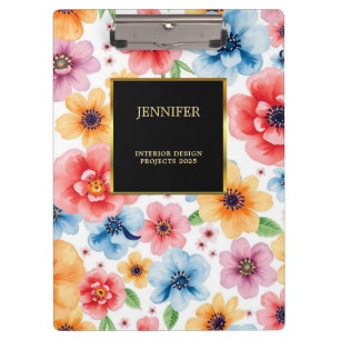 エレガント水彩花ブラック金ゴールドプロフェッショナル クリップボード