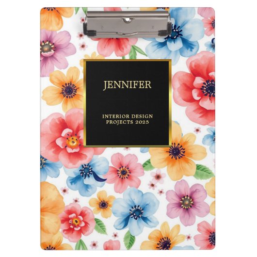 エレガント水彩花ブラック金ゴールドプロフェッショナル クリップボード (正面)