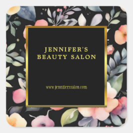 エレガント水彩花ブラック金ゴールドプロフェッショナル スクエアシール
