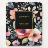 エレガント水彩花ブラック金ゴールドプロフェッショナル マウスパッド (正面)