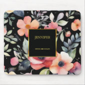 エレガント水彩花ブラック金ゴールドプロフェッショナル マウスパッド (正面)