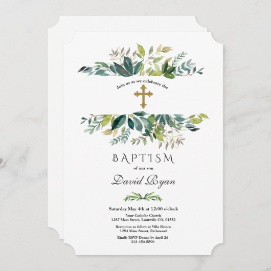 エレガント水彩葉フレーム金ゴールドバプテスマ 招待状 (正面/裏面)