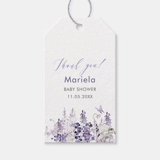 エレガント水彩薄紫花赤ちゃんシャワー ギフトタグ (正面)