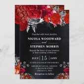 エレガント水彩赤と銀の結婚花 招待状 (正面/裏面)