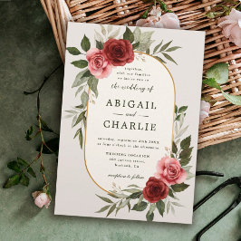 エレガント水彩赤フローラ結婚式招待状 招待状