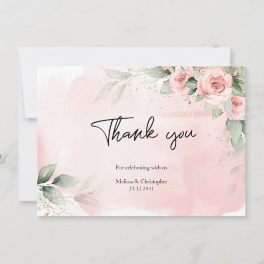 エレガント水彩赤面花ユーカリ金ゴールド サンキューカード (正面)