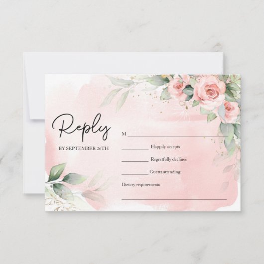 エレガント水彩赤面花ユーカリ金ゴールド 出欠カード (正面)