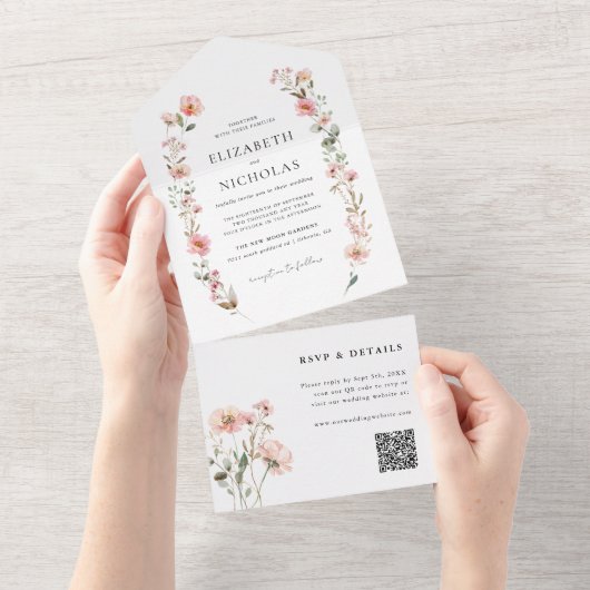 エレガント水彩野草庭園の結婚式 オールインワン招待状 (貼ってはがせる)