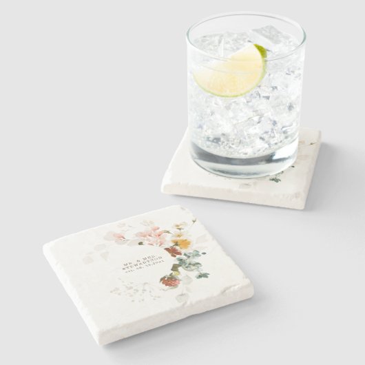 エレガント水彩野草庭園の結婚式 ストーンコースター (横)