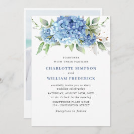 エレガント水彩青あじさい写真結婚の 招待状