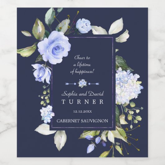 エレガント水彩青い花の枠結婚の ワインラベル (シングルラベル)