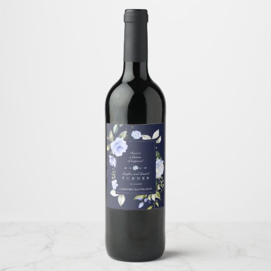 エレガント水彩青い花の枠結婚の ワインラベル (正面)