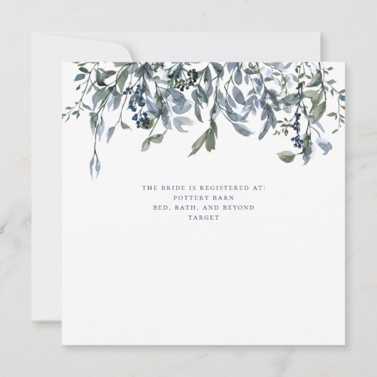 エレガント水彩青フローラつる植物ブライダルシャワー 招待状 (裏面)