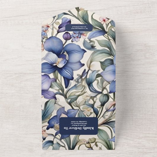 エレガント水彩青フローラ結婚ズ オールインワン招待状 (外側)