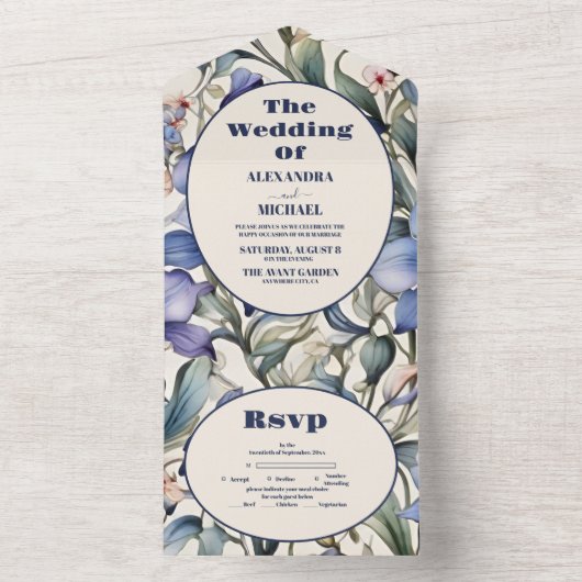 エレガント水彩青フローラ結婚ズ オールインワン招待状 (内側)