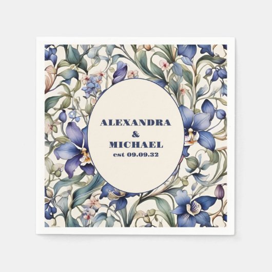 エレガント水彩青フローラ結婚ズ スタンダードカクテルナプキン (正面)