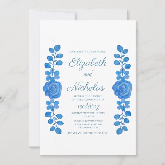 エレガント水彩青フローラ結婚式招待状 招待状 (正面)