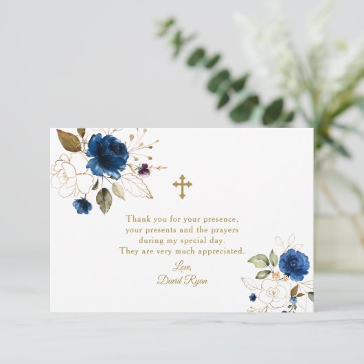 エレガント水彩青フローラ金ゴールドバプテスマ サンキューカード (スタンド正面)