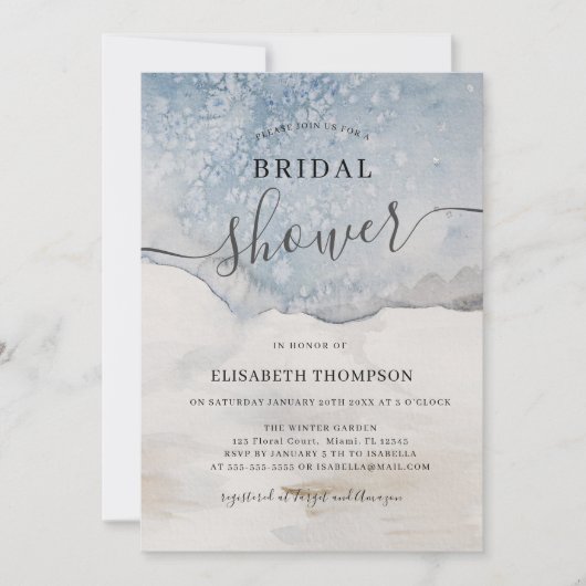 エレガント水彩青モダンブライダルシャワー 招待状 (正面)